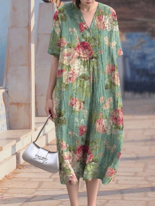 New Green Bright Red Flower Print Women's Top and Dress