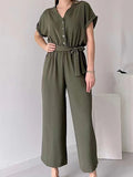 Elegant V-Neck Single-Breasted Sleeve Lace-Up Jumpsuit