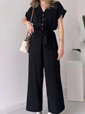 Elegant V-Neck Single-Breasted Sleeve Lace-Up Jumpsuit