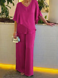 New Solid Color V-Neck Irregular Hem Casual Two-Piece Suit