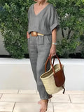 Fashionable Casual V-Neck Cotton And Linen Two-Piece Suit