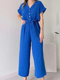 Elegant V-Neck Single-Breasted Sleeve Lace-Up Jumpsuit