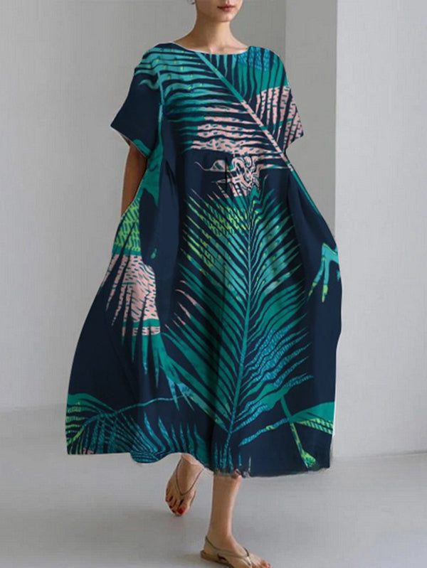 Forest Green Printed Women's Linen and Cotton Dress