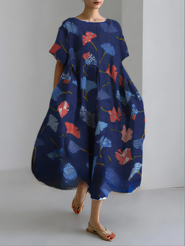 Bright Floral Blue Women's Linen and Cotton Dress