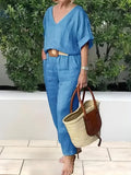 Fashionable Casual V-Neck Cotton And Linen Two-Piece Suit