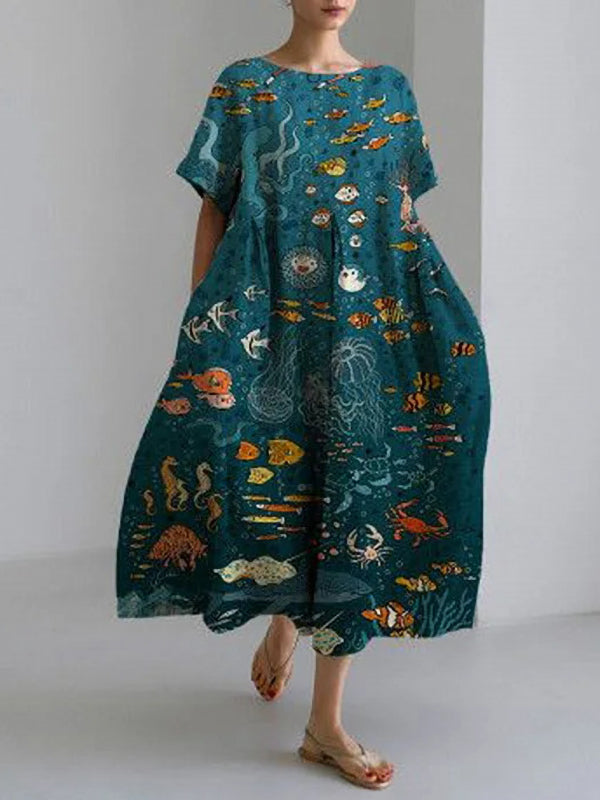 Underwater World Print Women's Linen and Cotton Dress