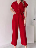 Elegant V-Neck Single-Breasted Sleeve Lace-Up Jumpsuit