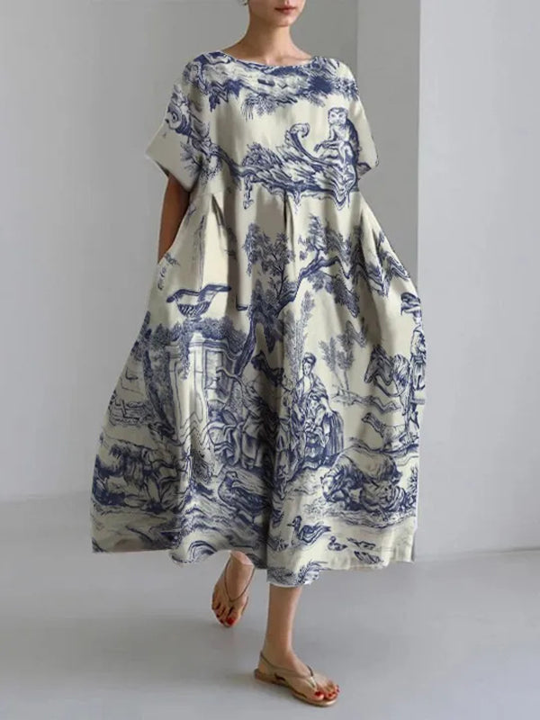 Vintage Tree Print Women's Linen and Cotton Dress