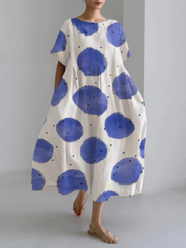 Comfortable Blue Printed Women's Linen and Cotton Dress