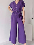 Elegant V-Neck Single-Breasted Sleeve Lace-Up Jumpsuit